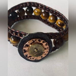 Chic Bohemian handmade leather wrap brown tiger eye, glass beaded cuff bracelet